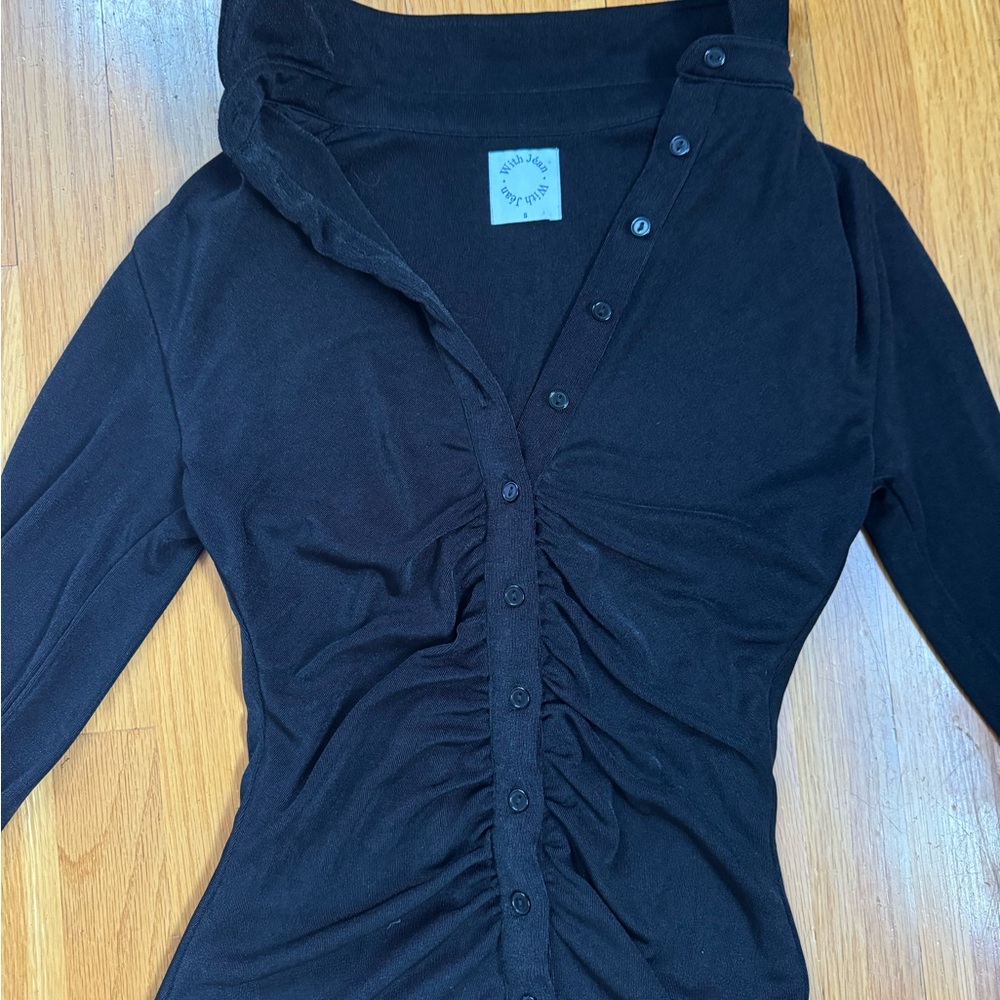 With Jean Black Ruched Button-Down mini dress